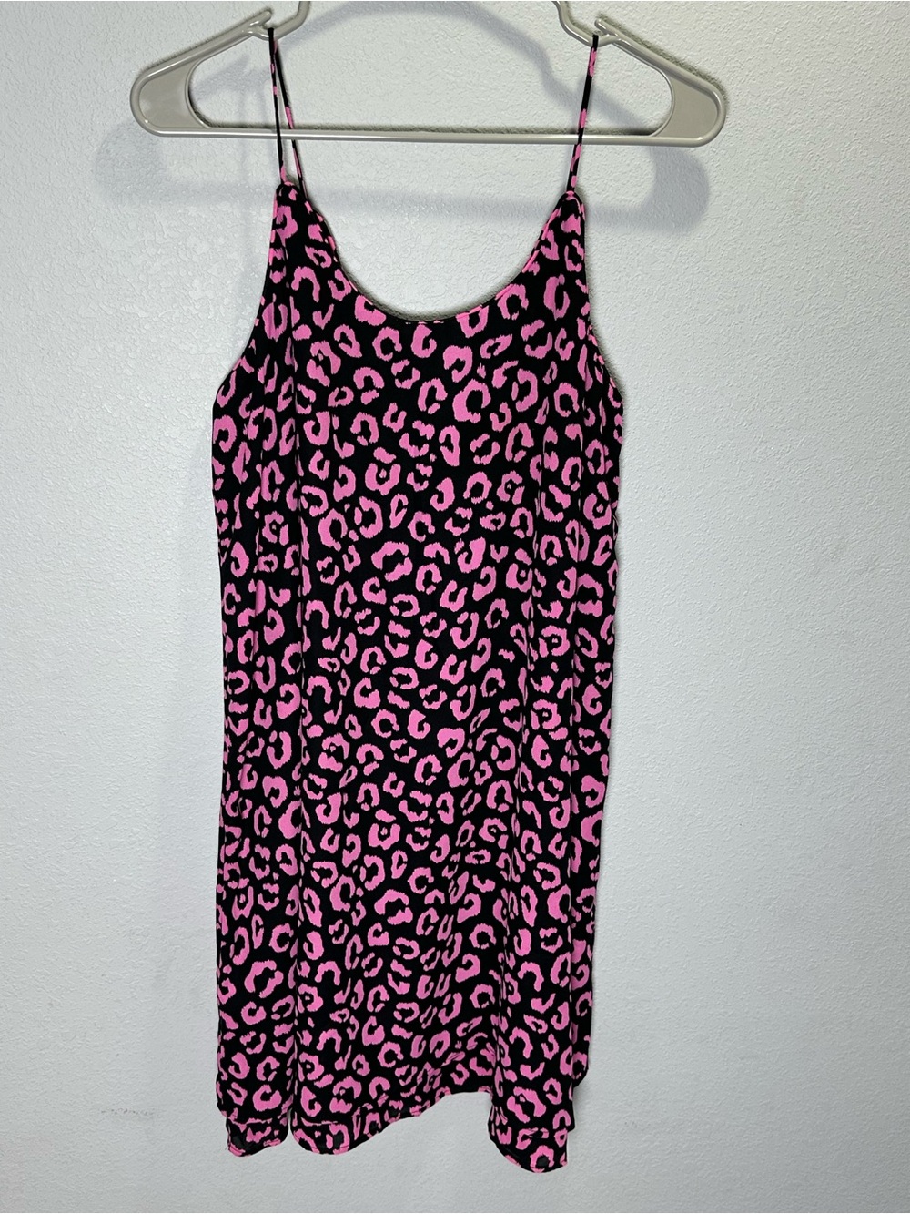 Pink Leopard Print Slip Mini Dress with Spaghetti Straps
